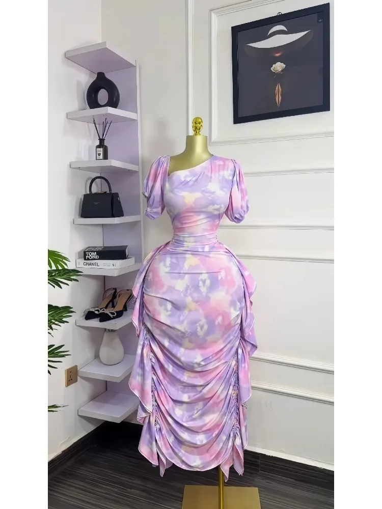 Femmes élégantes cravate colorant imprimé col incliné froncé empilé moulante Midi Maxi longue robe 2026 vacances Sexy robes robes