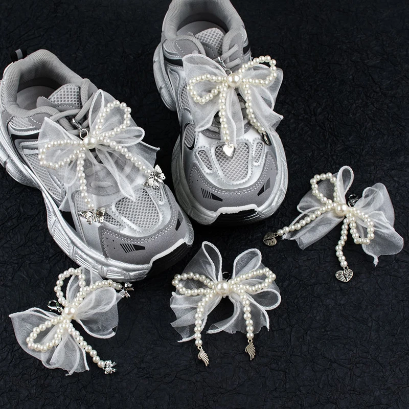 

1Pair 8*8cm Handmade Shoes Clip Decoration Pearl Lace Bead Chiffon Charm Bowknot Shoe Buckle Bag Pendant Shoe Decor Accessories