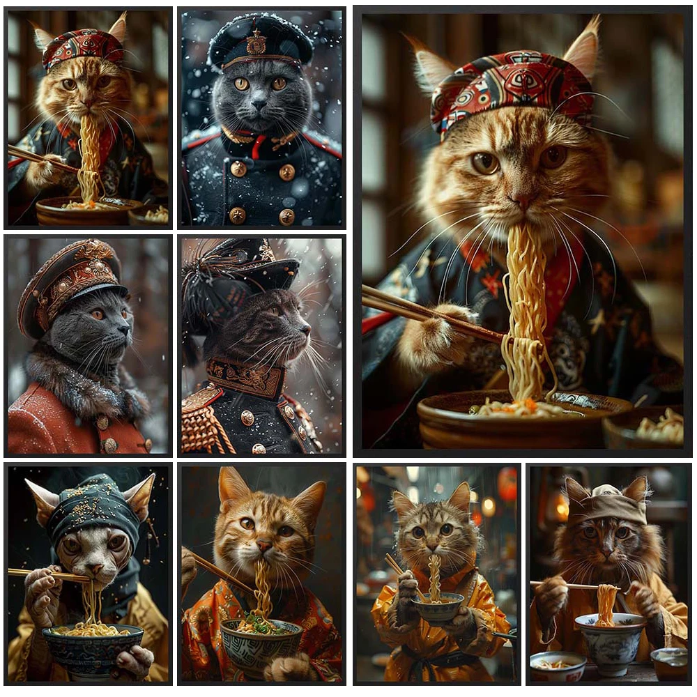 Funny Cat General Portrait Animals Eating Noodle Wall Pictures For Living Room Nordic Poster Wall Art Canvas Painting Unframed