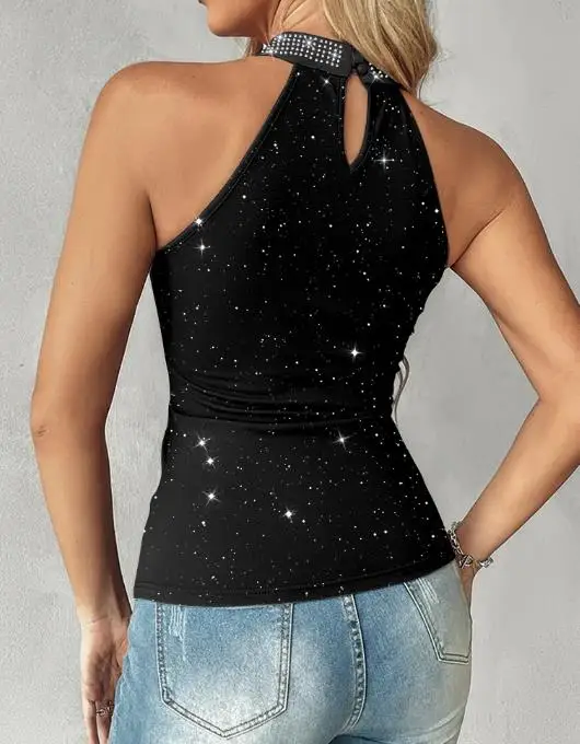 

Dot Print Rhinestone Decoration Hanging Neck Design Sleeveless Vest Summer New Women's Hollow V-Neck Tight Fitting Vest
