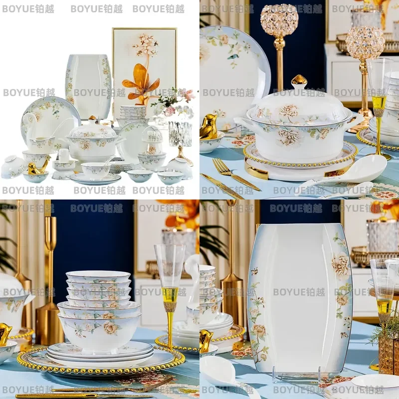 Jingdezhen Bone China Dinnerware Set Household Ceramic Plates and Bowls Gift Wholesale Tableware Collection for Home Dining
