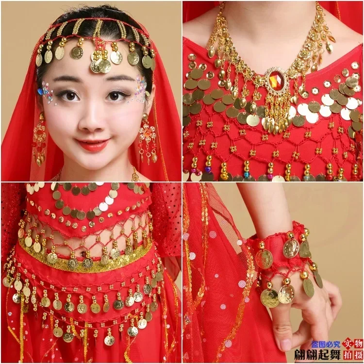 Performance Costume Girl\'s Belly Sleeved Indian Dance Costume Performance Costume Xinjiang Dance Children\'s Ethnic Dance Costume