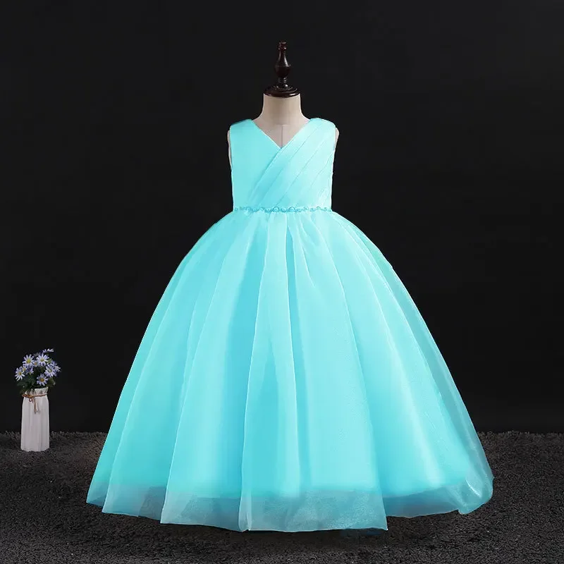 Vestidos longos de tule para crianças, elegante vestido de princesa para meninas adolescentes, traje de dama de honra infantil, baile e vestidos, 3 a 12 anos, novo, 2024