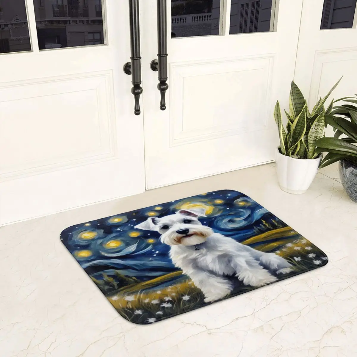 Starry Night With White Mini Schnauzer Doormat Anti-skid Bathroom Floor Mats Home Entrance Rugs Kitchen Bedroom Carpet Footpad