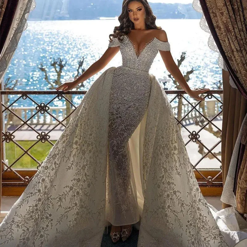 Arabic Beads Mermaid Wedding Dress with Detachable Train Off Shoulder Short Sleeve Bridal Gowns 3D Lace Appliques Bride robes