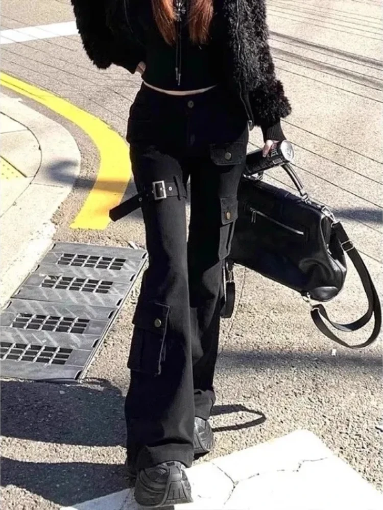 Preto sino inferior jeans para mulheres cintura alta vários bolsos calças retas 2025 primavera novo solto perna larga alargamento calças