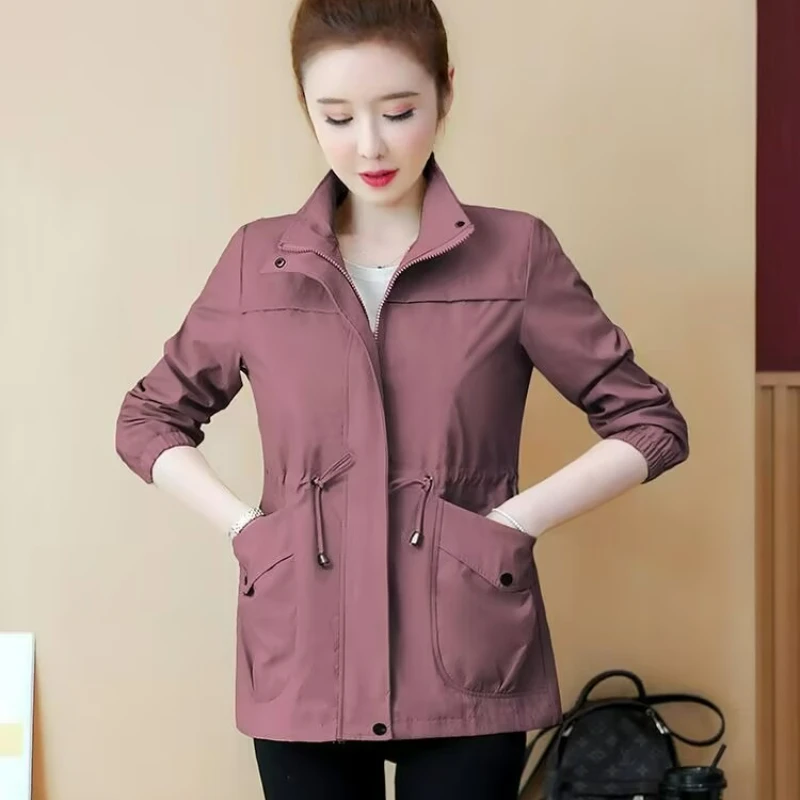 

2025 New Spring Autumn Trench Coat Women Fashion Lining Windbreaker Drawstring Waist Stand Collar Base Coat Female Outerwear