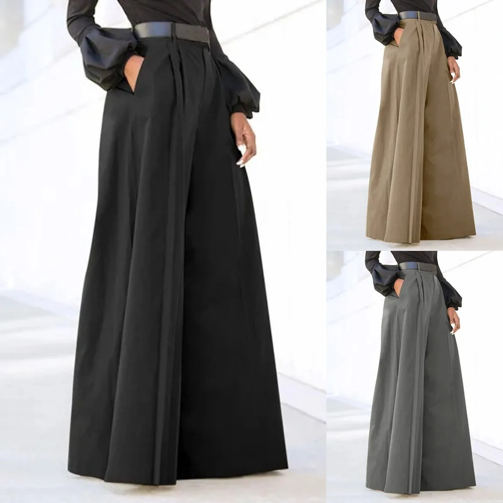 Solid Color Loose Fitting Temperament Palazzo Pants Women Comfy Pockets Fashion Baggy Trousers Casual Elegant Suit Pants