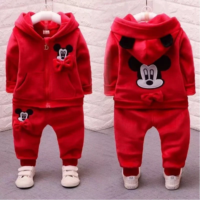 Children Clothing Set Winter Mickey Spiderman Kids Girl Outfit Boy Outwear Hooded Coat Pants 2PCS Toddler Warm Thick Tracksuit