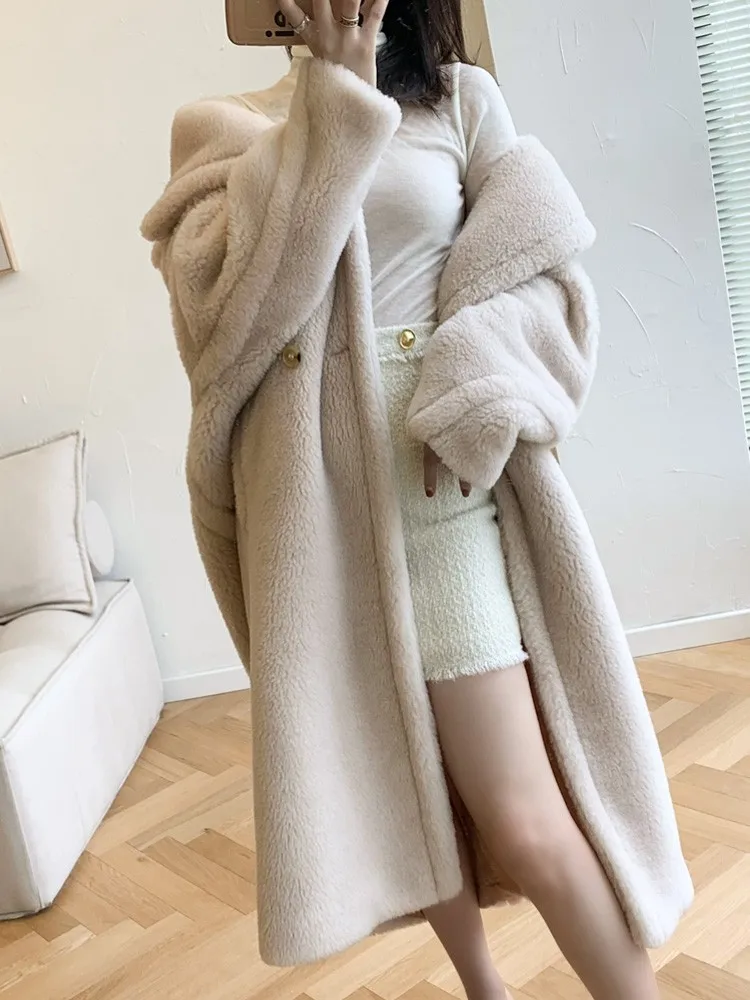 New Luxury Teddy Bear Coat Women Mid-length Cashmere Natural Wool Fur Coat Loose Silhouette Lapel Long Sleeve Jacket Fit Winter