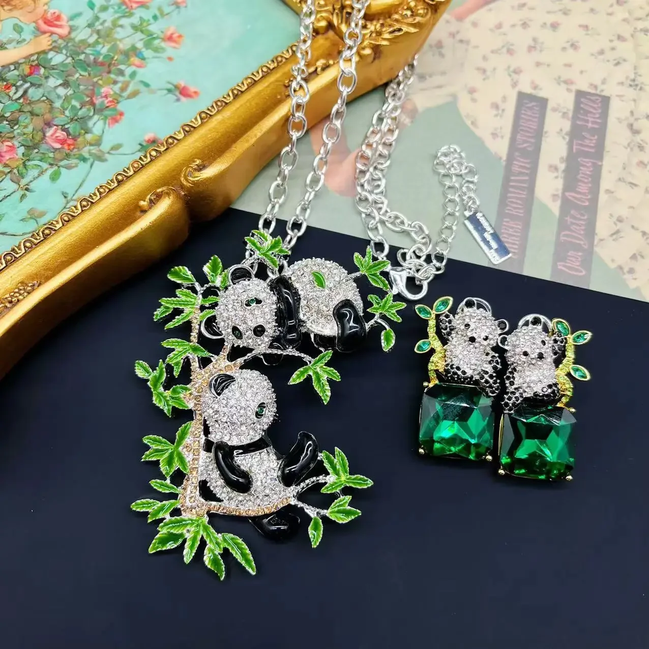 Qingdao Zhonggu Ornament Vintage Enamel Colorful Panda Eating Bamboo Cute Rhinestone Necklace and Earrings Suite