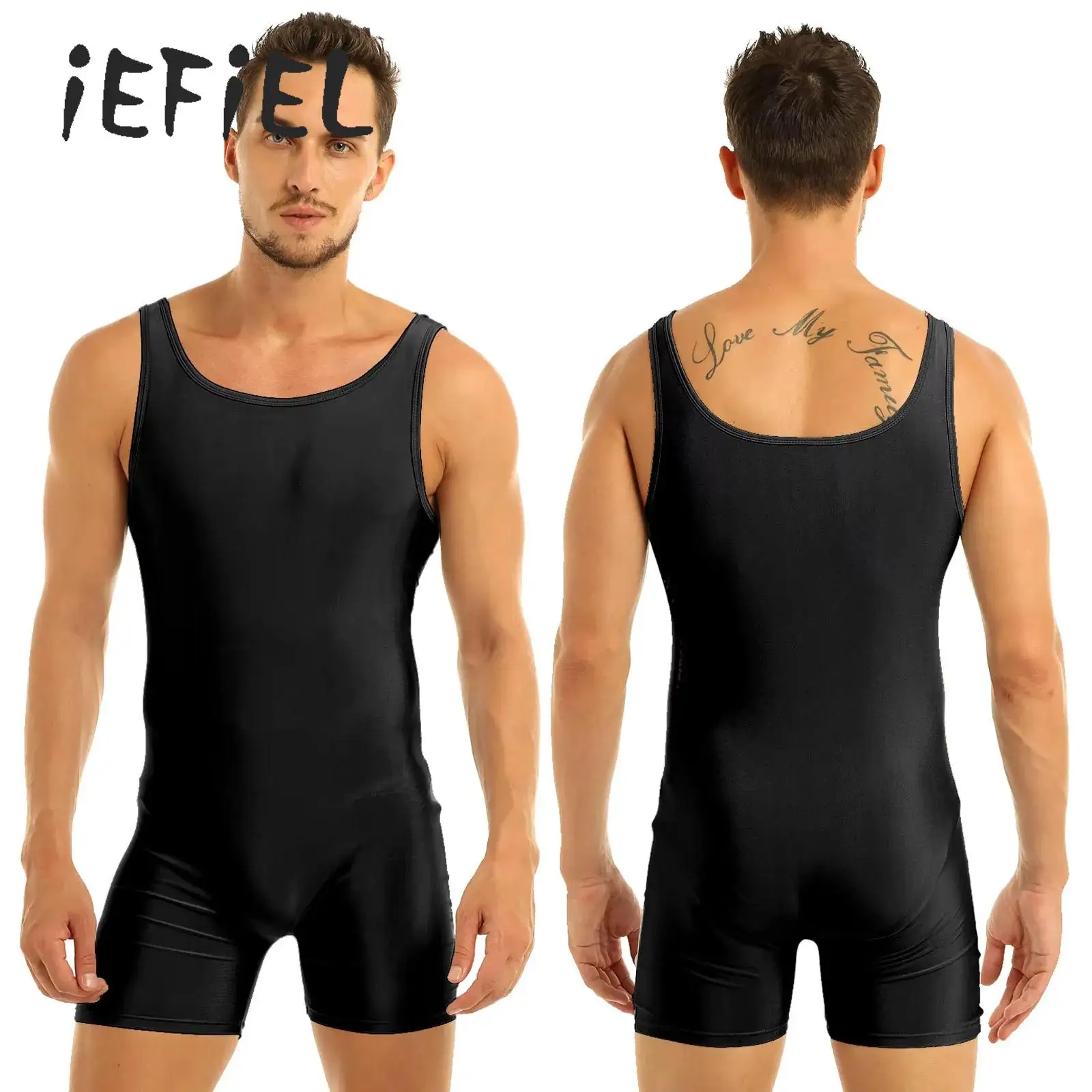 

Mens Stretchy Unitards Bodysuit Swimsuit One-piece Swimwear Glossy Body Tight Sleeveless Bathing Suit for Beach Pool Swimming