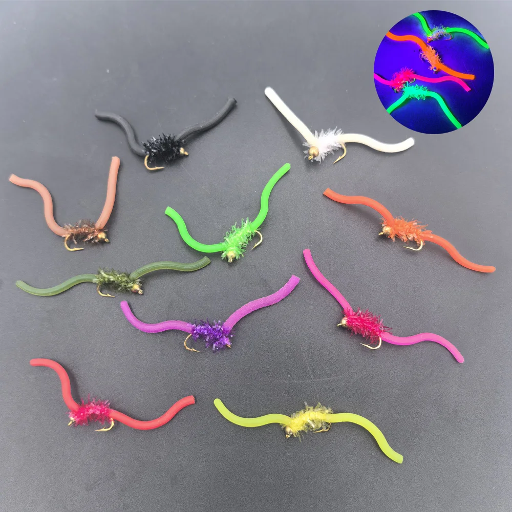 6 Stück UV San Juan Wurm Fliegen mit Messingperlenkopf, Squirmy Worm Nymphenfliegen, Regenwurmfliegen für Forellen-, Barsch- und Karpfenangeln, Fliegenköder