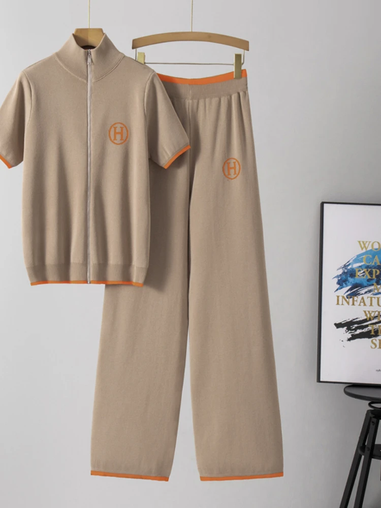 New European fashion letter zipper short sleeved cardigan casual pants two-piece set for women in the summer of 2025