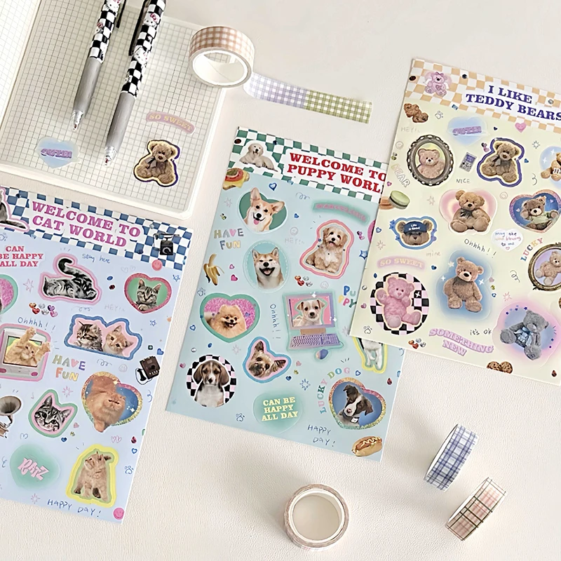 1PC Retro American Style Animals Sticker Cute Cat Bear Diary Scrapbooking Aesthetic Laptop Stationery Stickers for DIY Decor