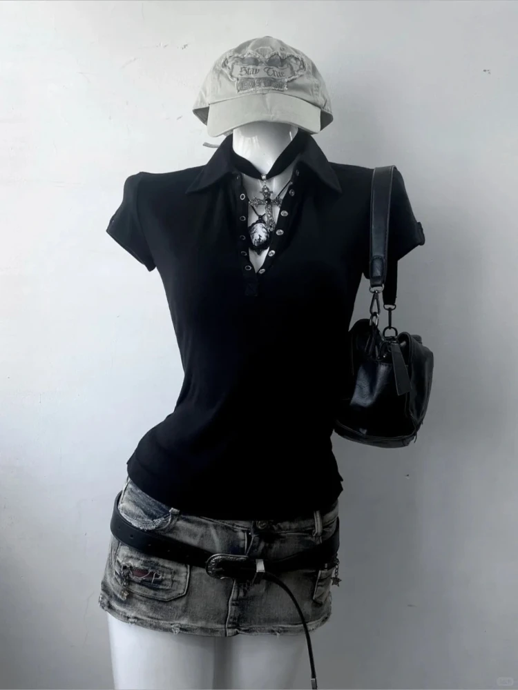 

Винтажная футболка с воротником-поло Y2K, женская летняя футболка в стиле ретро, готические топы с короткими рукавами в стиле милитари, уличная одежда, наряд 2000-х годов в стиле Харадзюку