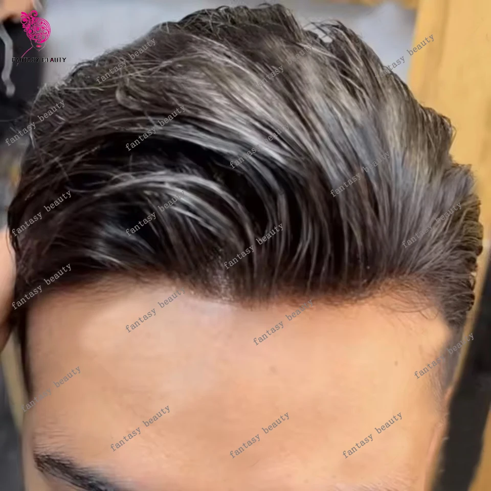 غير قابل للاكتشاف أسود نفاث سوبر دائم شعر بشري بني شعر مستعار للرجال رمادي 1b10 1b50 رخيصة رجل شعر مستعار سيليكون ذكر اصطناعي كابيلر #4