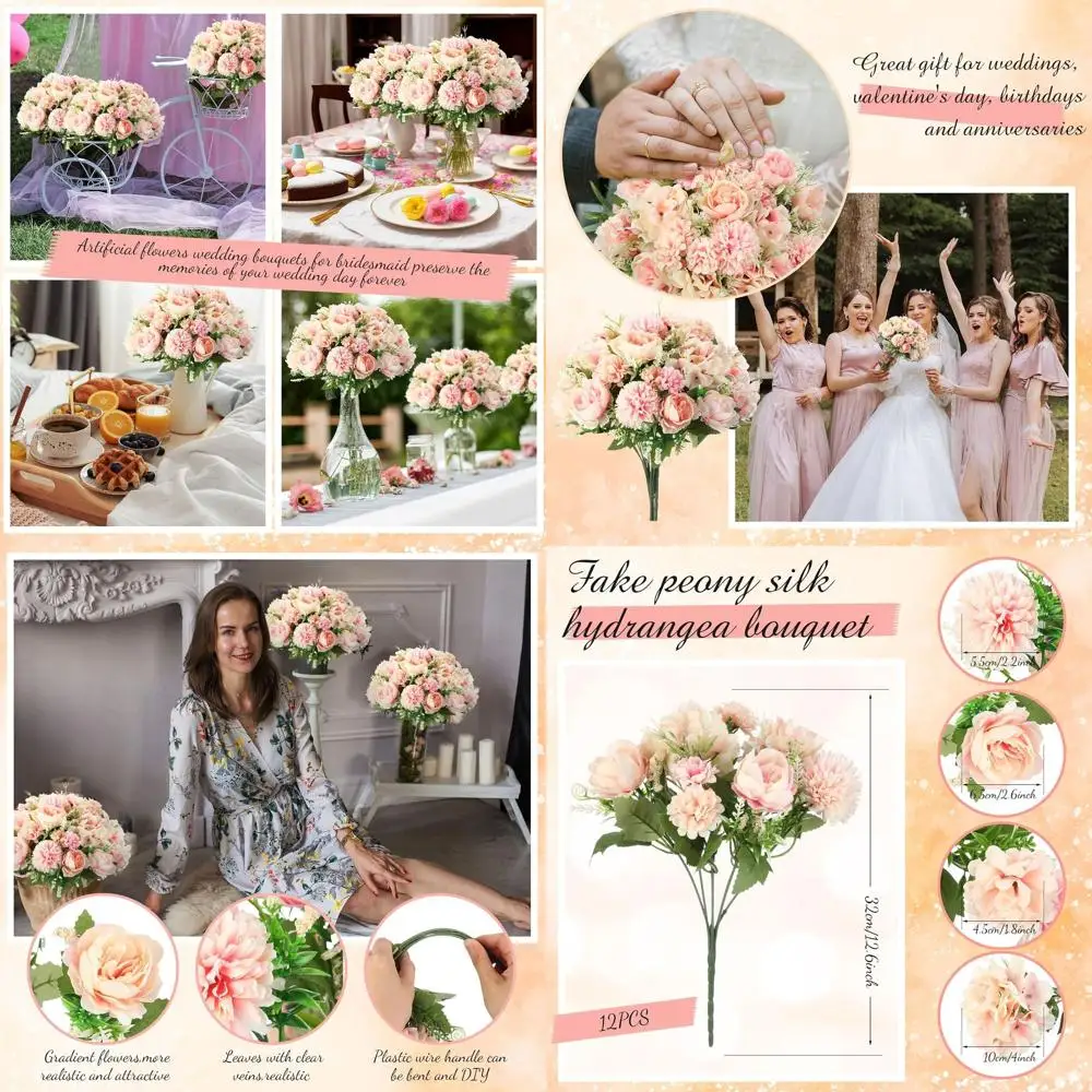 

Букеты из искусственных пионов и гортензий для свадебных центральных композиций на столах, розовые, 24 комплекта