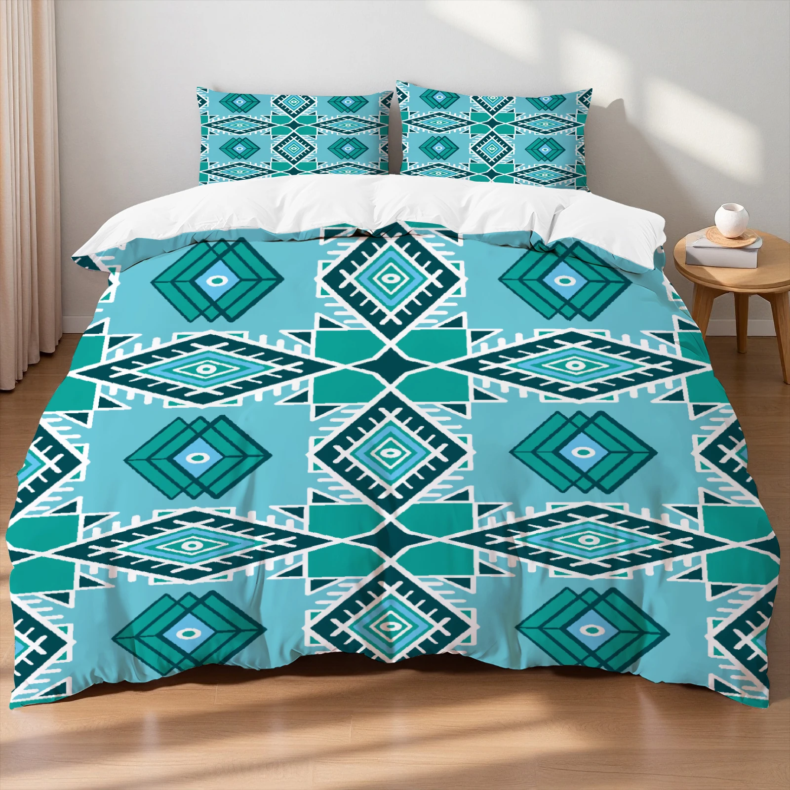 Teal Blue Aztec Geo Bedding Set Breathable Wrinkle-Free Duvet Cover Pillowcase For Home Bedroom Decor