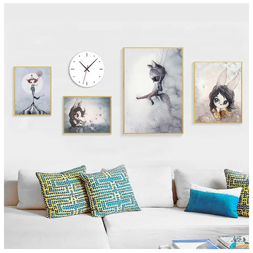 Living Room Home Decor Poster Print Nordic Canvas Painting Girl Bedoom Wall Picture Deer Rabbit Angle Wing Animal Abstract Sweet