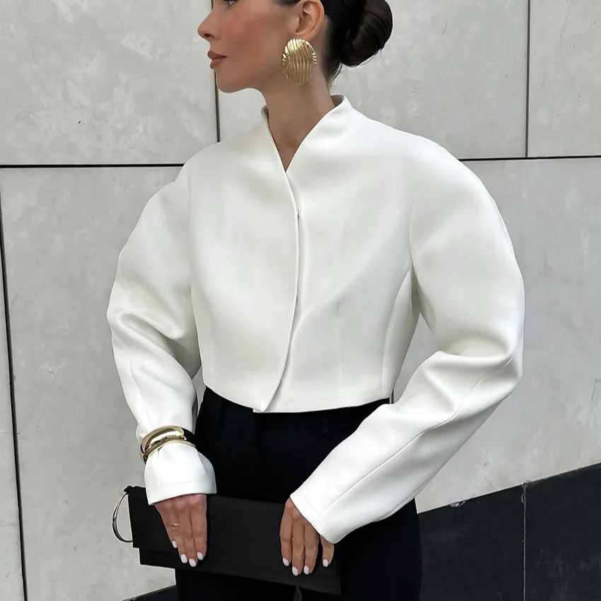 

Elegant Autumn Women's Cardigan White V-Neck Patchwork Long Sleeve Short Outwear For Female Instagram-Style Chic Lady's Jacket