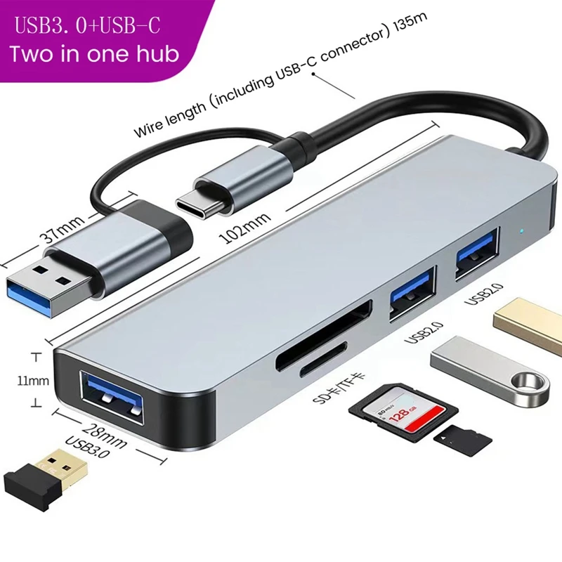 5 Ports 2-In-1 USB HUB Type-C Adapter USB3.0+USB2.0+SD+TF Multi-Port USB Splitter Expander For PC Computer