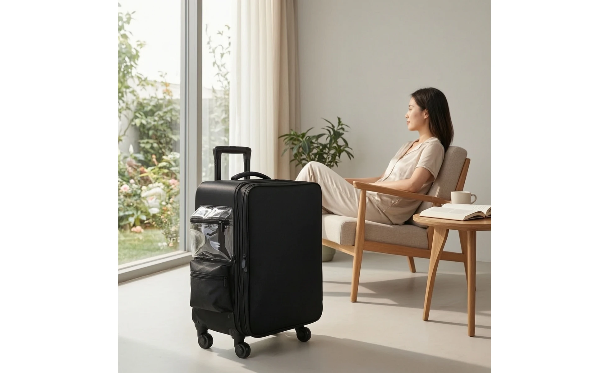 Makeup Case with Rotating Wheels Hard-Sided Sminkkoffert Med Hjul Sminkväska På Hjul Multi-Compartment Cosmetic Trolley Zippered