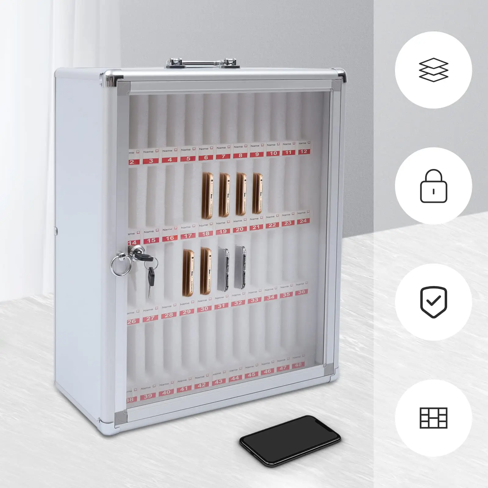 48 ช่องอลูมิเนียมล็อคโทรศัพท์มือถือกล่อง,โทรศัพท์มือถือ Locker สําหรับห้องเรียน,โทรศัพท์มือถือตู้อิสระ/wall-Moun