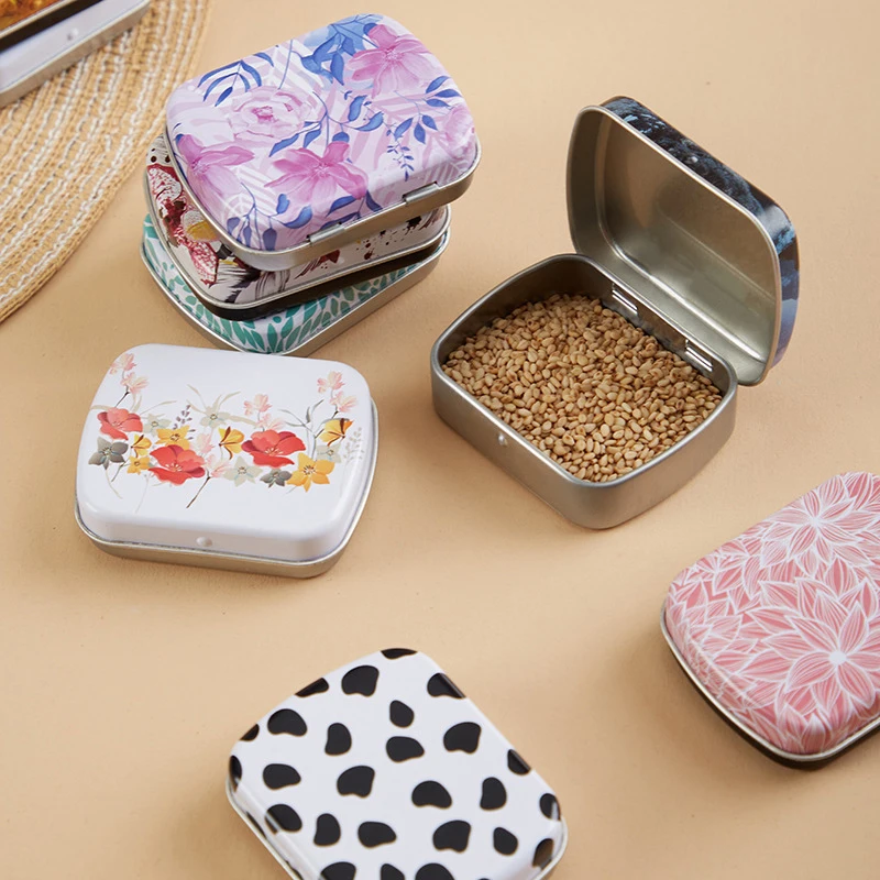 Floral Pattern Mini Storage Box for Candy and Pill Cute Square Tin Small Box with Cover Lid High Quality Jewelry Tinplate Can