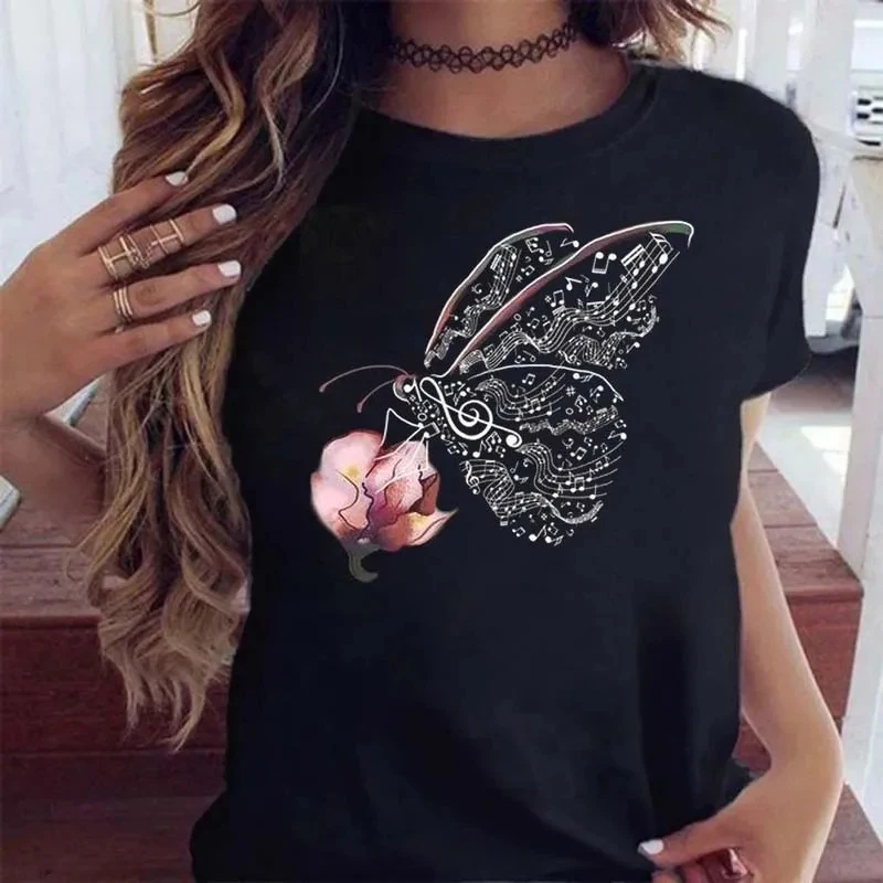 Beautiful Purple Columbine Flower Black Butterfly Botanical Print Women T-Shirt Short Sleeve Crew Neck Nature Garden Casual Stre