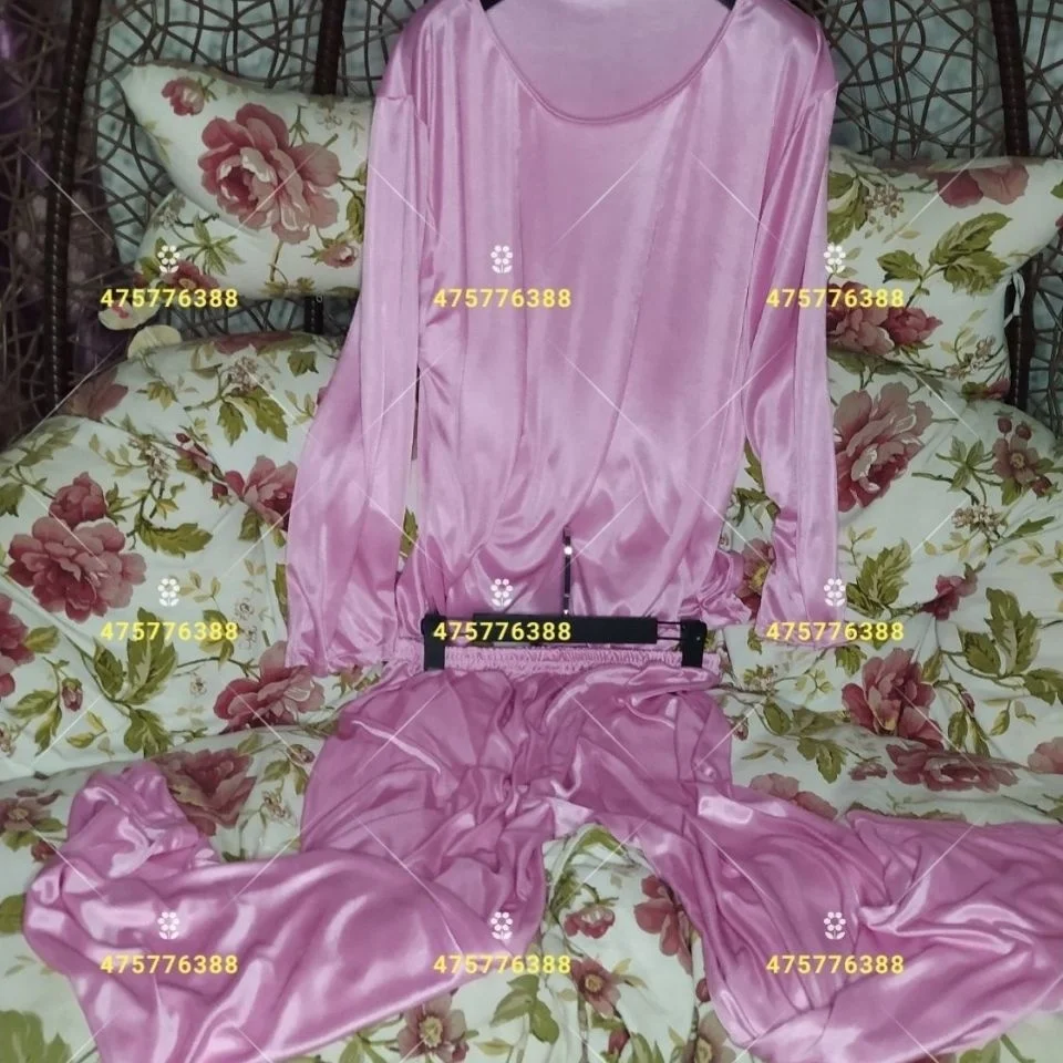 Spring glossy satin pajamas two-piece set Long sleeve women silk loose sleeping plus size top pants