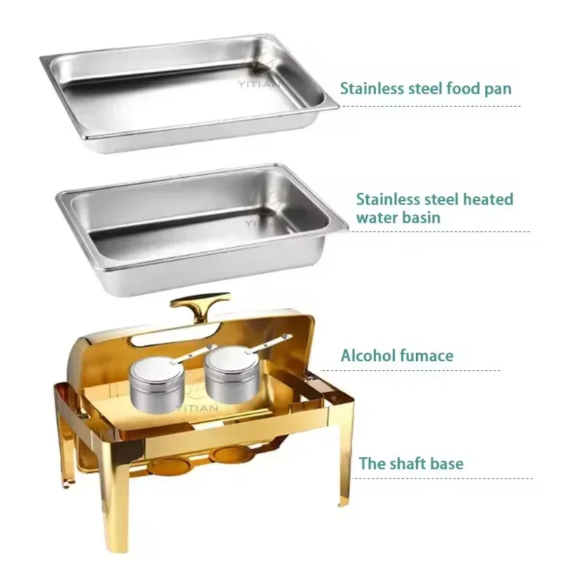 Restaurant 201 Stainless Steel Glass Lid Chafing Serving Heater Rectangular Roll Top Chafing Dish Buffet Set Set