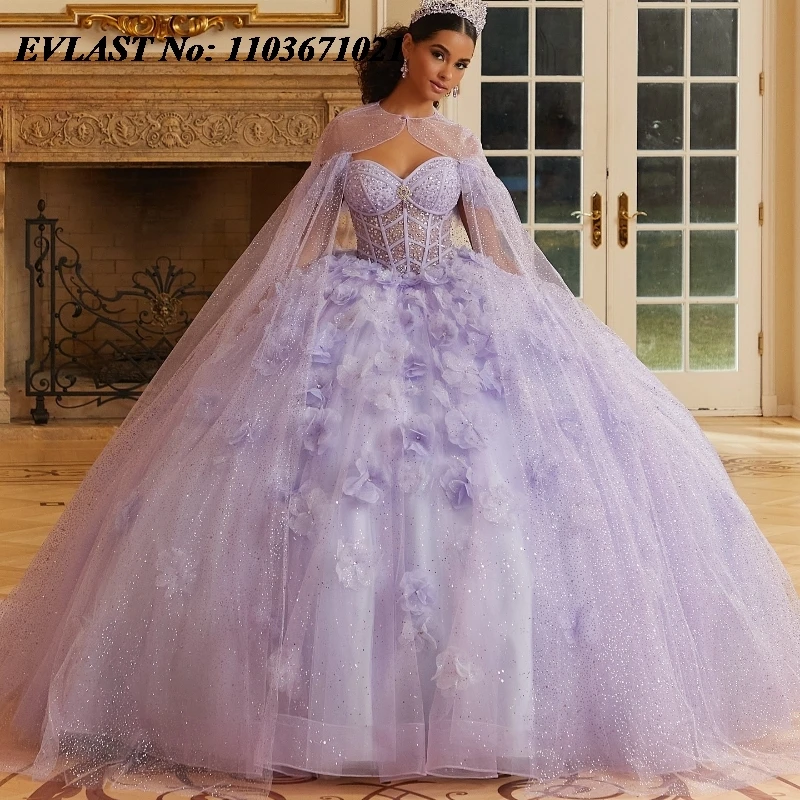 

EVLAST Customized Lilac Quinceanera Dress Ball Gown Shiny Floral Applique Beading Cape Corset Sweet 16 Vestidos De 15 Anos SQ612