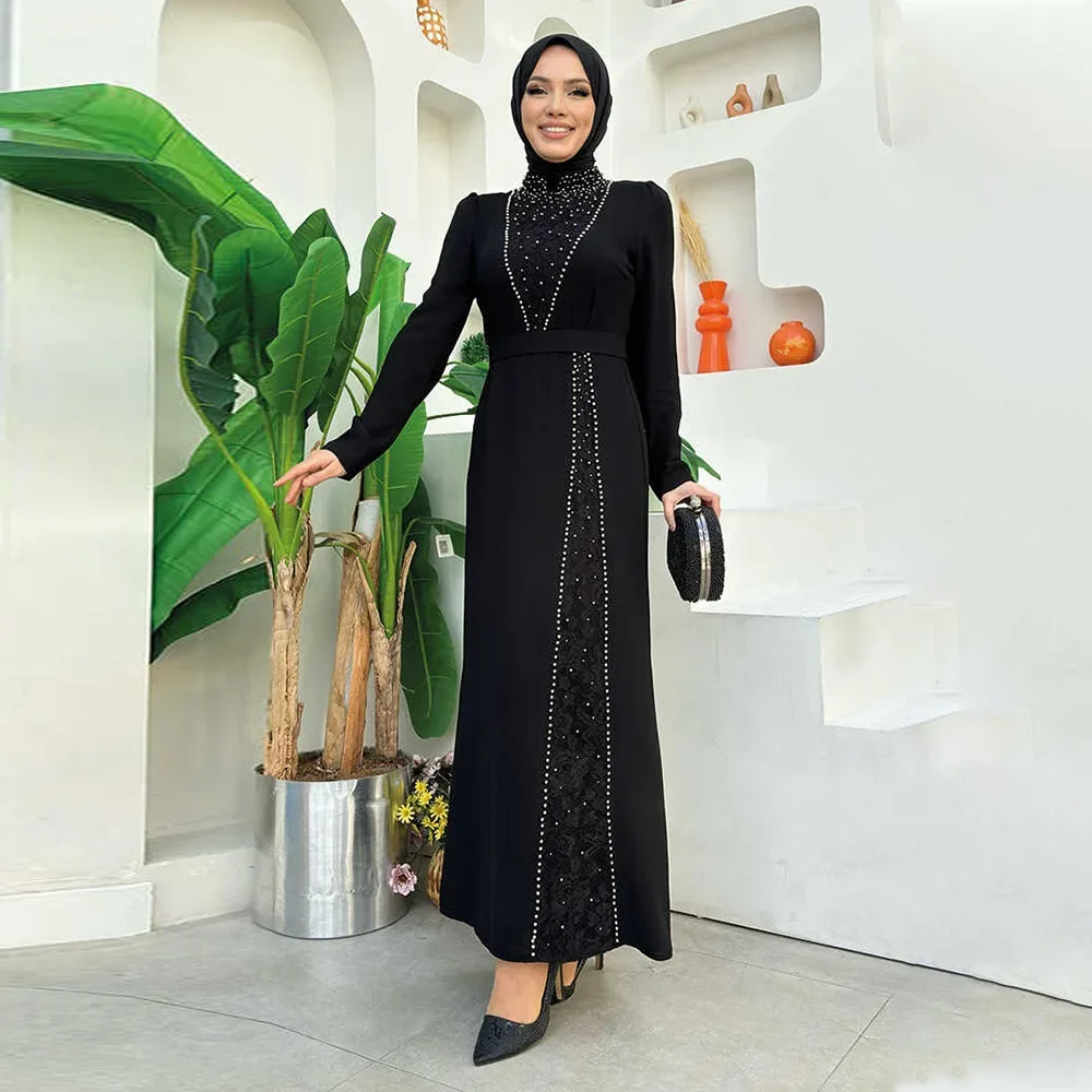 Winter Abaya Dubai Luxury Lace Beaded Muslim Party Dresses Turkish Abayas for Women Islamic Autumn Clothing Kaftan Hijab Dress