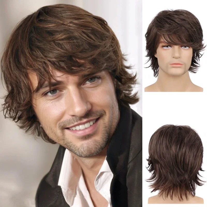 

Euro-American Men's Synthetic Short Hair with Outward Curling Brown Wig, Side-Parted Long Bangs, Trendy Men's Short Hair
