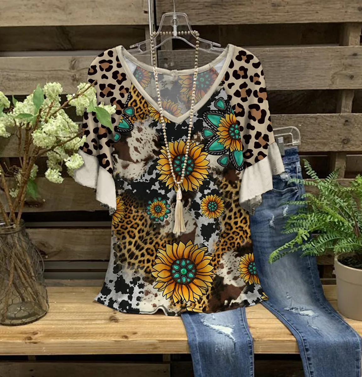 

New Women Sexy T-shirts Sunflower 3D Print Retro Color Fashion y2k V-neck Patchwork Lotus Leaf Sleeve Female Casual Tee Tops