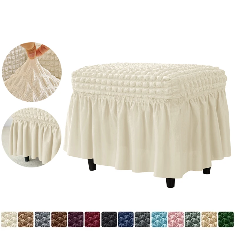 

Stretch Skirt Ottoman Stool Cover Elastic Seersucker Footstool Covers Solid Color Footrest Slipcovers Protector for Living Room