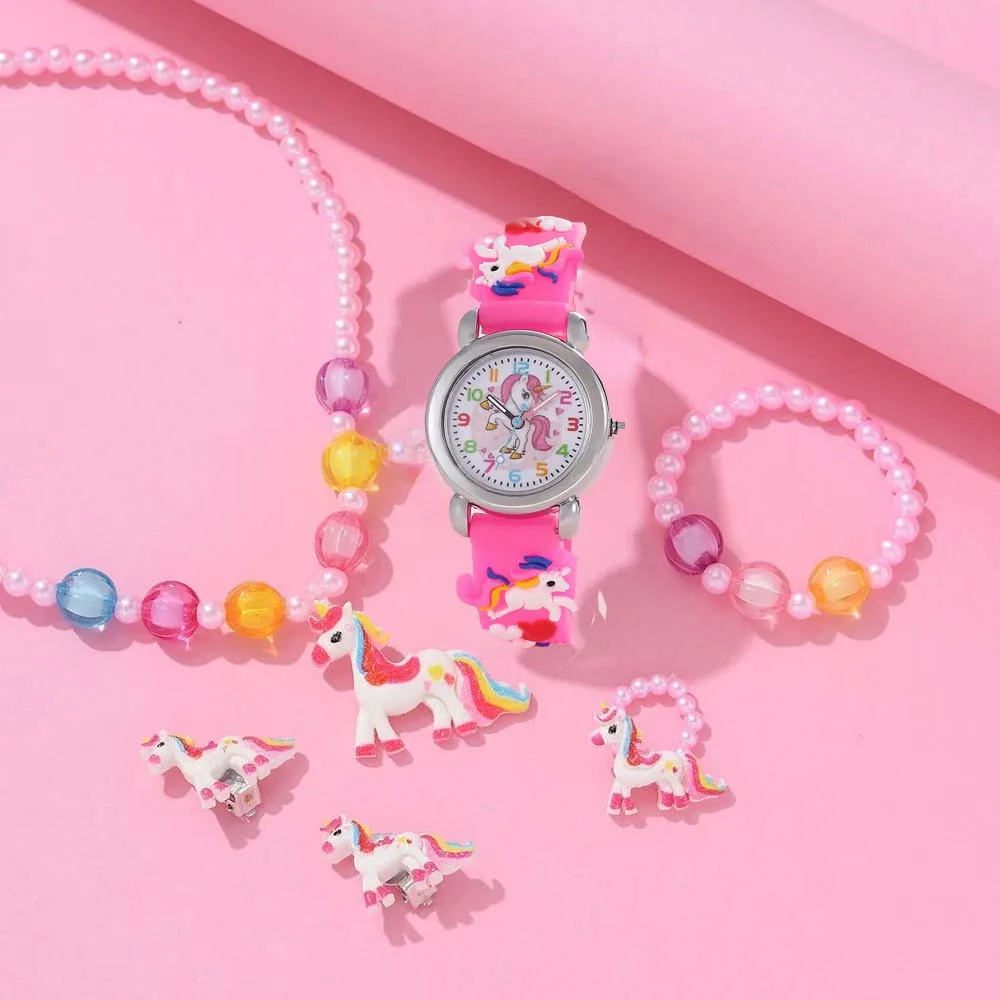 Kegllect 6PCS Children Unicorn Watch Set Cartoon Boys and Girls Quartz Watches Gift for Kids Necklace Bracelet Rings