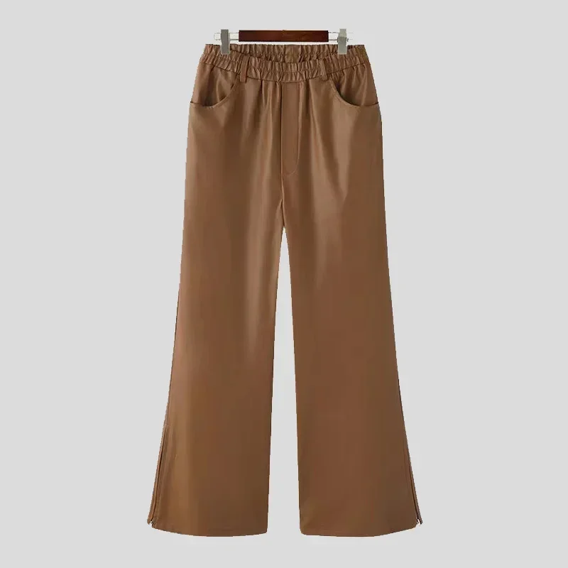 

Men's Matte Faux Leather Wide Leg Straight Pants Male Solid Color PU Middle Waist Casual Zip Side Split Trousers New Hot Custom