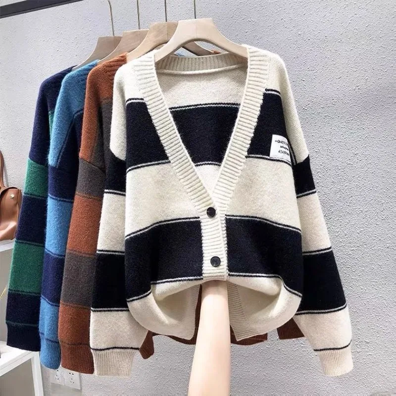 2023 Autumn and Winter Women\'s Striped Contrast Long Sleeve Knitted Cardigan Single Breasted Epaulet Fashion Casual Formal Tops