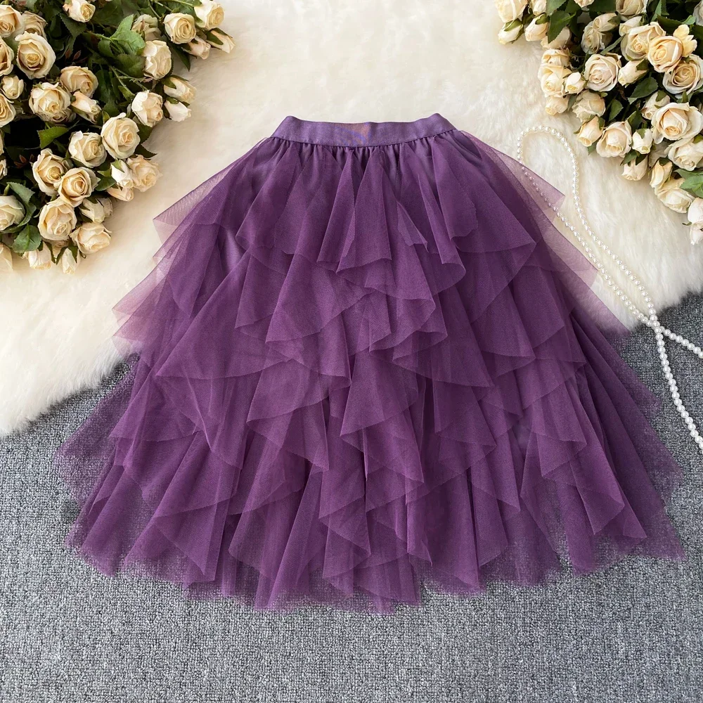 Kawaii Tulle Skirt for Women Irregular Mesh A-line Faldas Ajustadas Female Mini Skirt Sweet Girls Shaggy Short Skirts Dropship