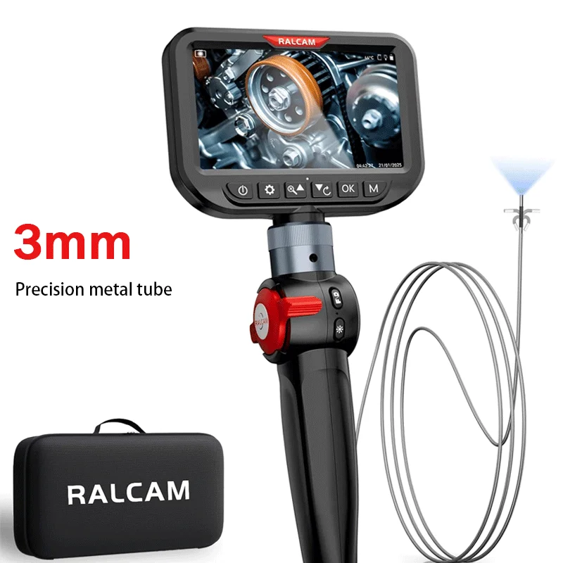Ralcam 3mm Two-Way Articulating Borescope, 5 Inch HD Industrial Endoscope Camera Aviation Inspection Automotive Mechanics Tool