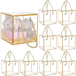 10Set Transparent Favor Boxes, 4.7x4.7x4.7 Inch Treat Gift Boxes with Goldenrod Border Lace and Handle for Candy Chocolate Party