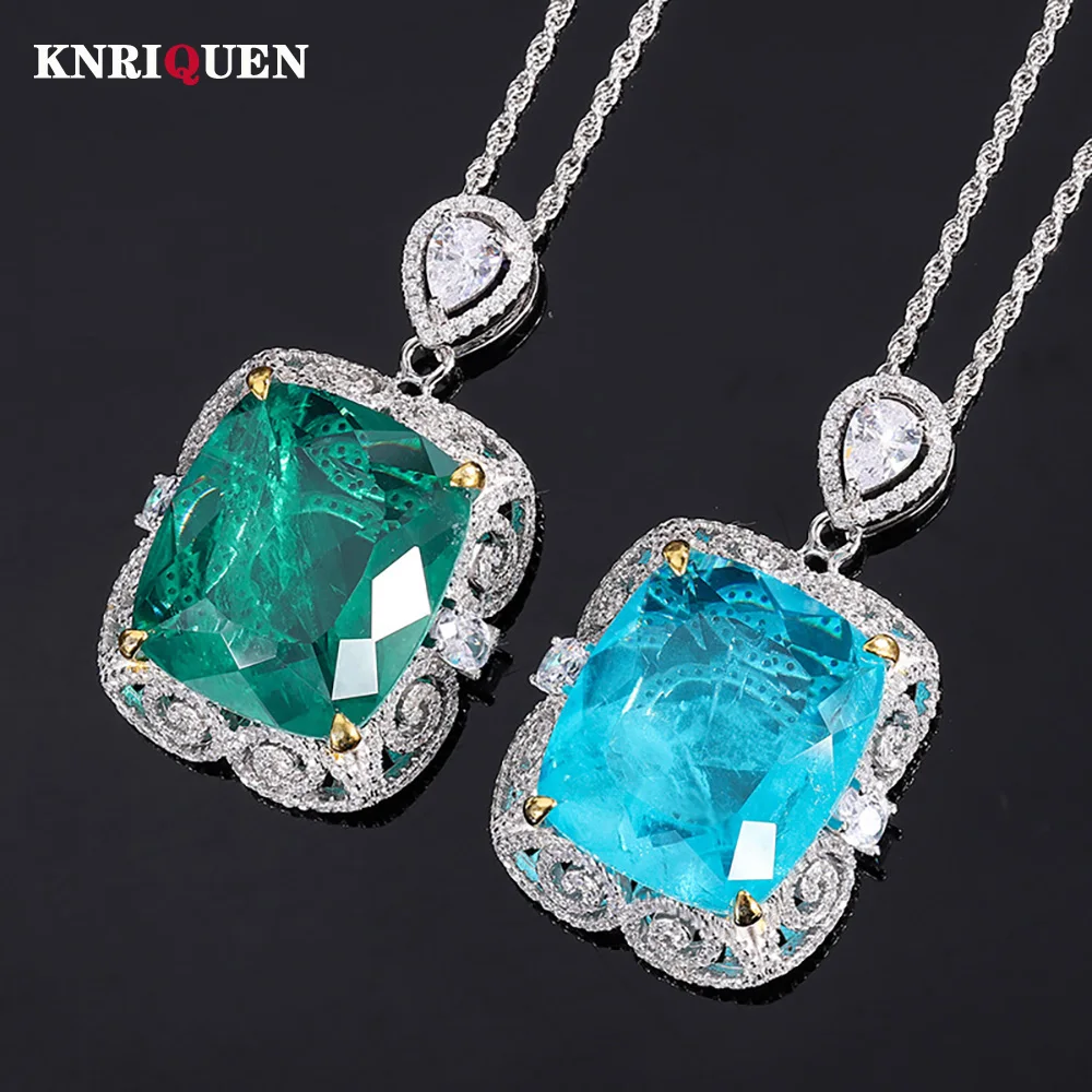 Genuine 100% 925 Solid Silver 20*23mm Lab Emerald Paraiba Tourmaline Pendant Necklace for Women Cocktail Party Fine Jewelry Gift