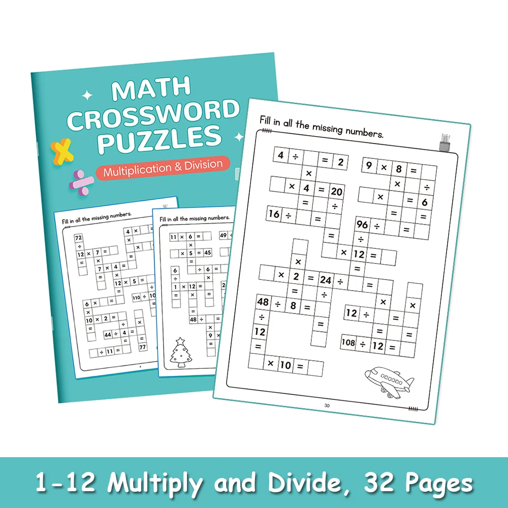 

Math CrossWord Puzzles Game: 1-12 Multiplication and Division, Times Table, Criss Cross Challenges, Math Workbook Montessori