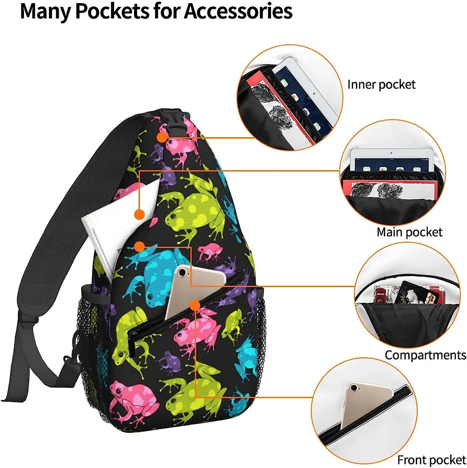 Women Frogs Colorful Seamless Pattern Crossbody Sling Backpack for Men Chest Bag Shoulder Bag Lightweight One Strap Backpack