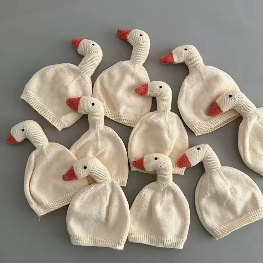 Children Cartoon Goose Beanies Hat Acrylic Knit Soft Double Layer Kids Winter Warm Cap Ear Warmer Boys Girls Funny Photo Prop