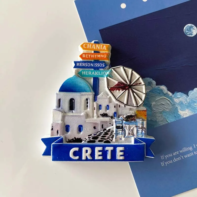 

Europe Greece Crete Fridge Magnet with Blue - Domed Buildings, Windmill & City Signs, Cute Home Decor for Room