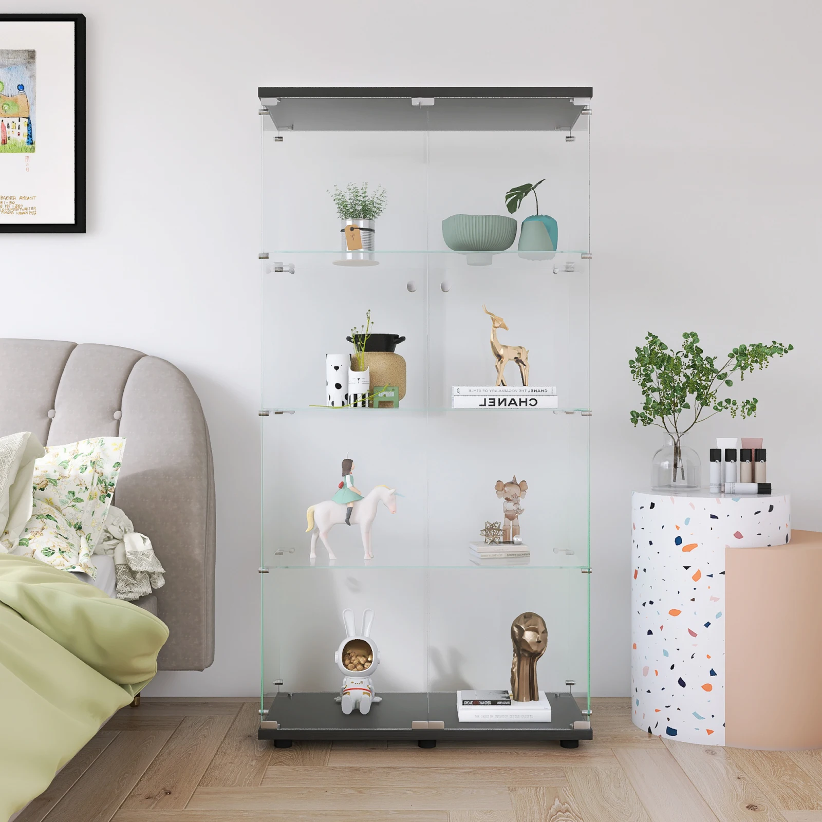 Comanlai Displaystandaards Glazen vitrinekast met 4 planken, LED-verlichting en slot, Vitrine met 2 glazen deuren, 80,5x36,5x163,9cm