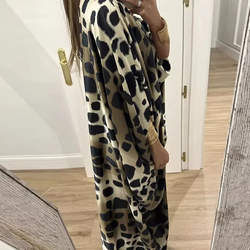 Spring Elegant Abstract Print Kaftan Dress Women's V Neck Batwing Sleeve Maxi Dress Bohemian Vacation Ruched Waist Evening Gowns